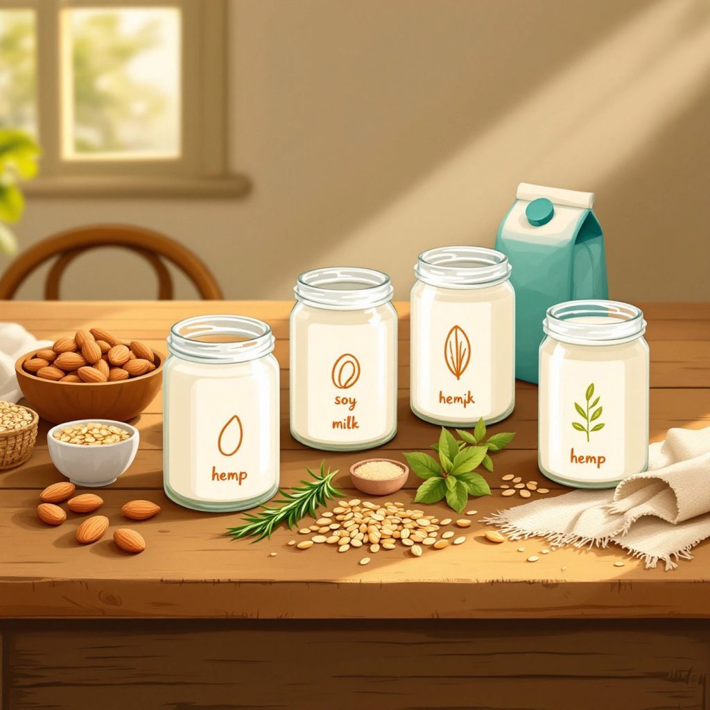 common-types-of-plant-milks---almond,-soy,-oat,-and-hemp,-each-with-unique-flavors-and-uses