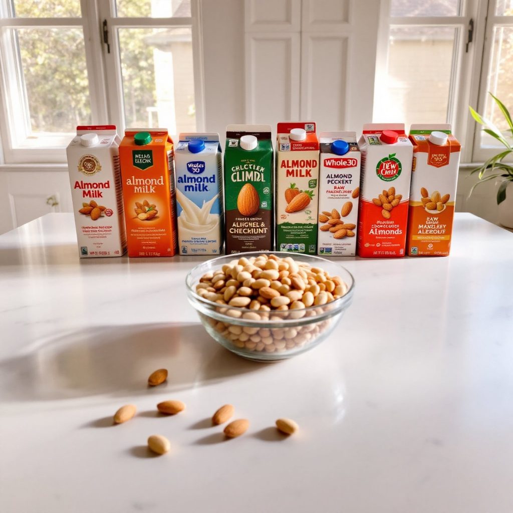 whole30-compliant-almond-milk-brands-in-a-bright-kitchen-setting